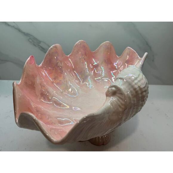 Clam Conch Seashell Vintage Pink Glaze Planter Centerpiece Bowl Birdbath - Picture 2 of 8